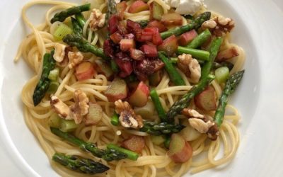 Rhubarb and Asparagus Pasta with Walnuts