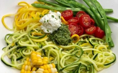 Zucchini Spaghetti with Macerated Tomatoes, Sweet Corn, Green Beans, and Pesto