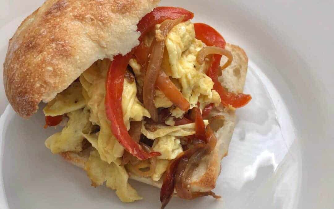 caramelized onion and pepper egg sandwich
