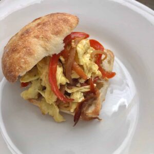 caramelized onion and pepper egg sandwich
