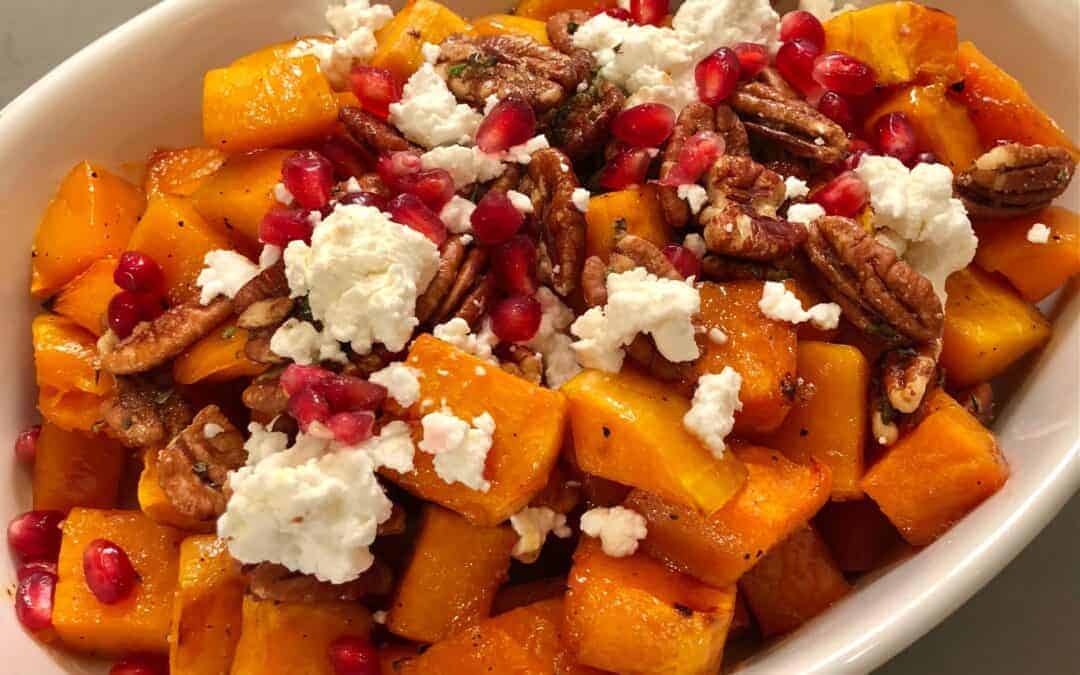 Maple Roasted Butternut Squash with Spiced Pecans, Feta, and Pomegranate