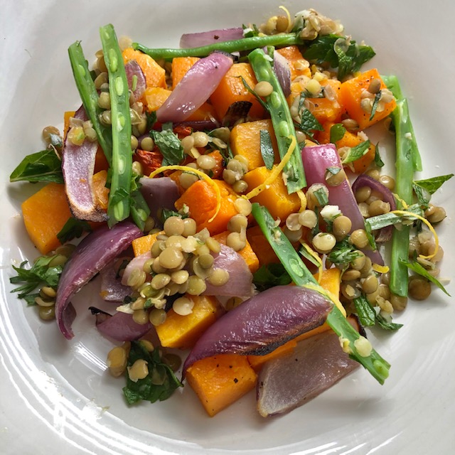Warm Lentil Salad with Roasted Butternut Squash and Green Beans
