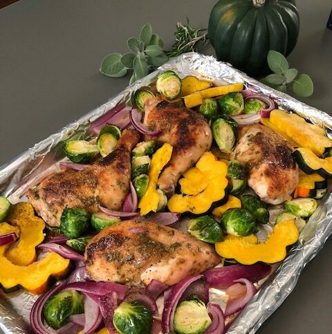 Maple Mustard Sheet-pan Chicken with Sprouts and Squash