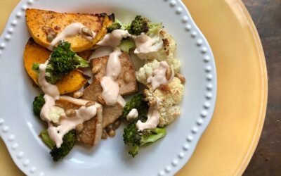 Sheet Pan Tofu, Broccoli, Cauliflower, Butternut Squash with Tahini Sauce