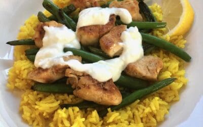 Savory Chicken and Rice with Charred Green Beans.