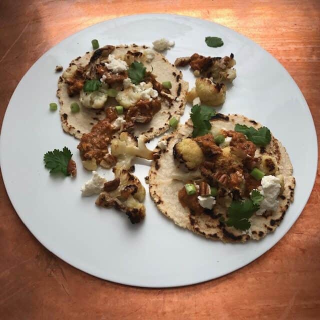 Toasted Pecan Cauliflower Tacos with Pecan Romesco Sauce