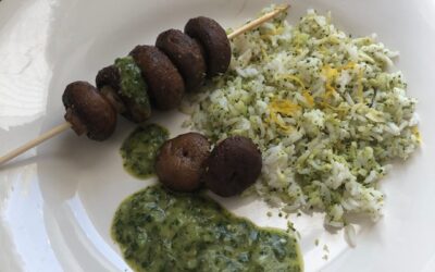 Garlicky Crimini Mushrooms with Salsa Verde and Lemon Cauliflower Rice