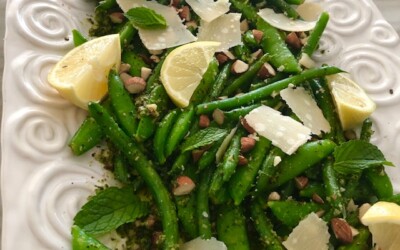 Snap Peas and Green Beans with Basil Mint Pesto