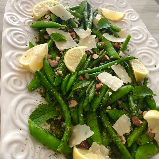 Snap Peas and Green Beans with Basil Mint Pesto