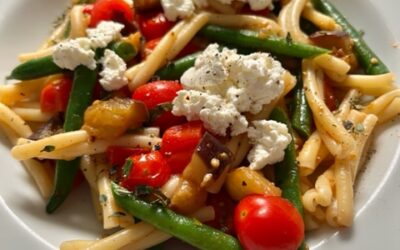 Casarecce Pasta with Eggplant Sauce, Green Beans, and Ricotta