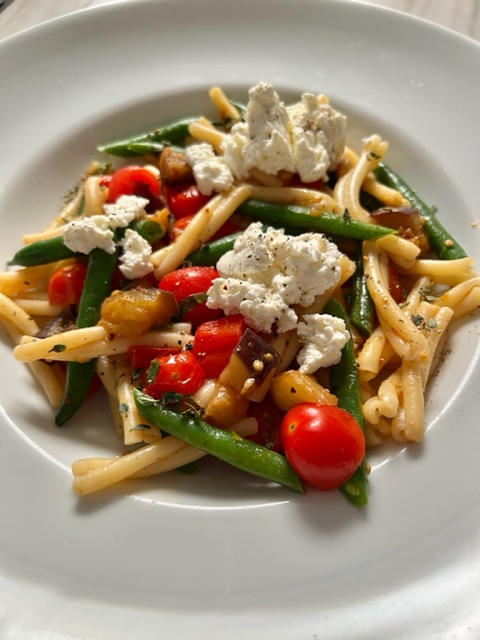 Casarecce Pasta with Eggplant Sauce, Green Beans, and Ricotta