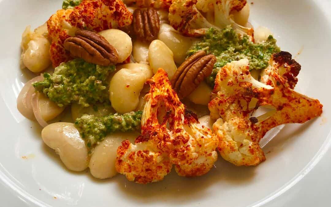 Smoky Roasted Cauliflower with Pecan Pesto and Butter Beans